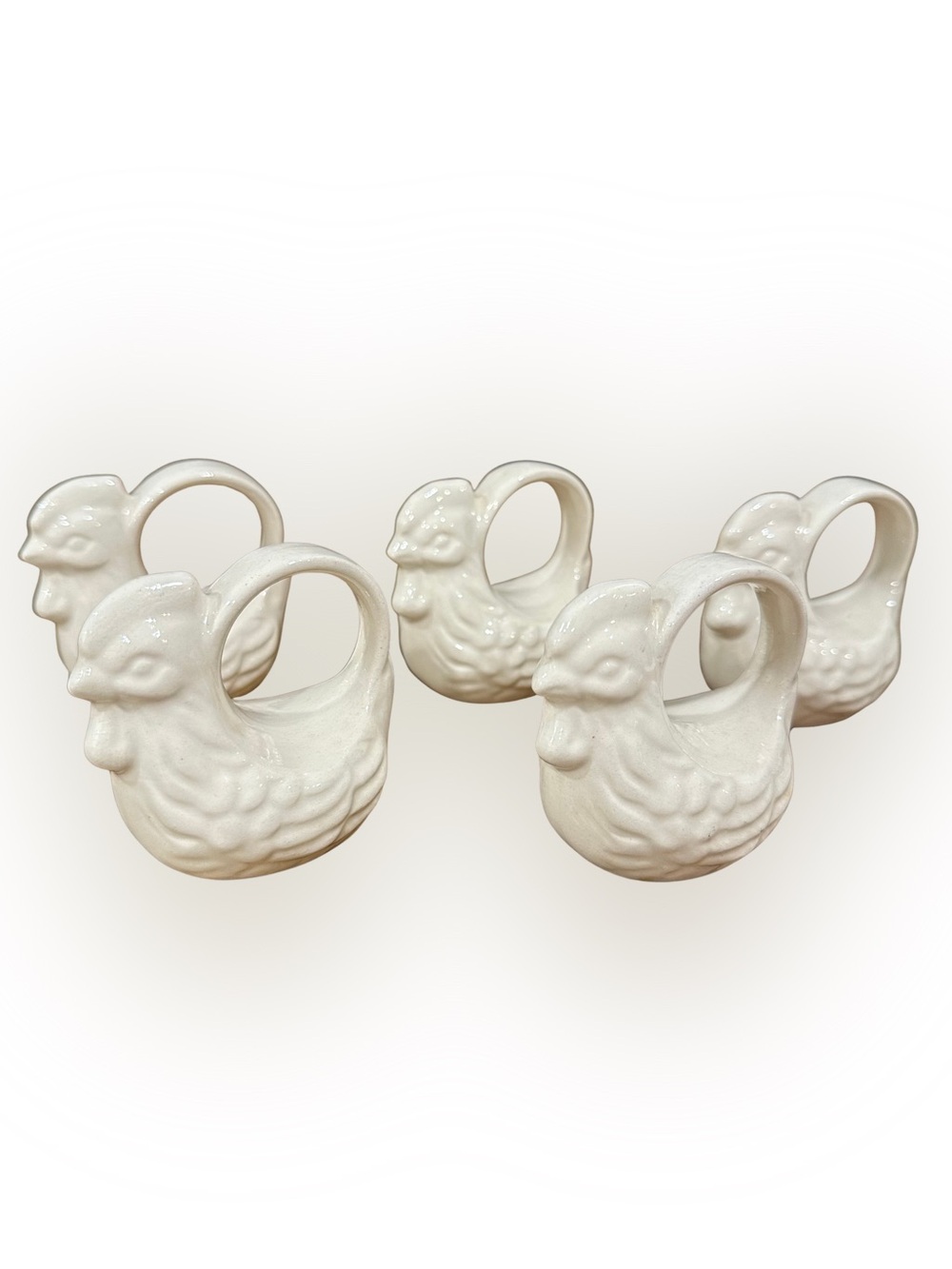 Set of 5 White Ceramic Chicken Hen Napkin Rings Vintage Farmhouse Kitchen Decor